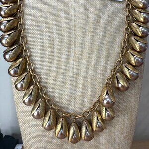Lenora Dame Gold Chain Necklace With Leaf & Pearl Drop Design Handmade In USA
